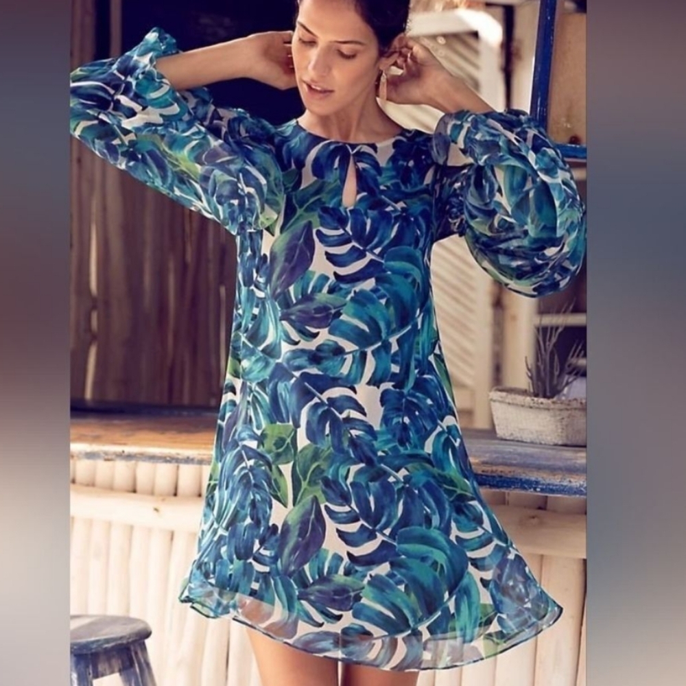 Anthropologie Chloe Oliver Blue Green Print Long Sleeve Parterre Swing Dress‎ L